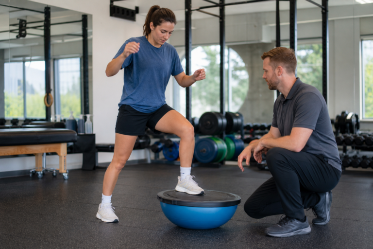 Athlete performing a controlled ankle stability exercise in a gym while a sports rehab coach observes