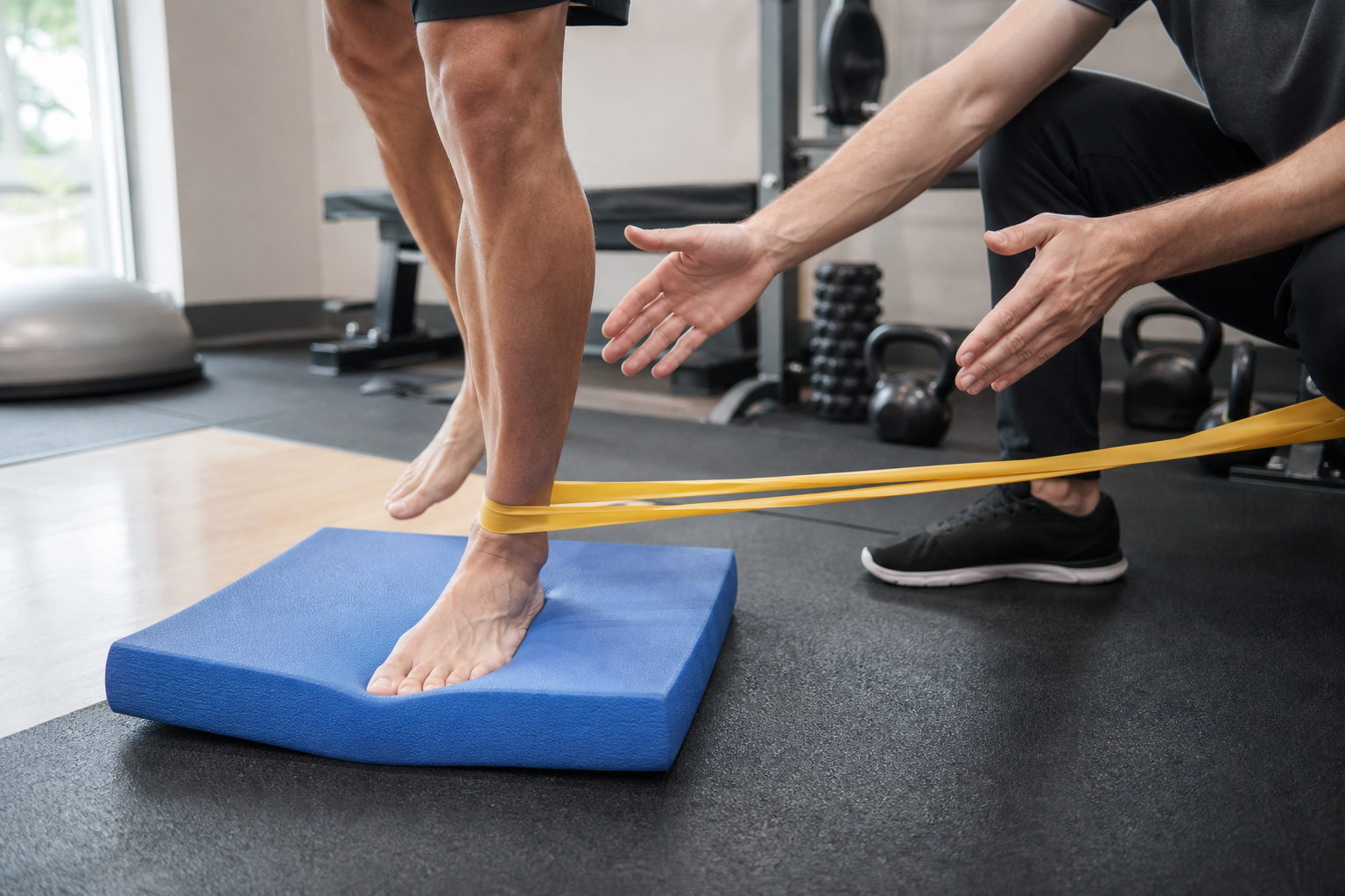 An athlete performing ankle rehabilitation exercise with a resistance band in a gym setting