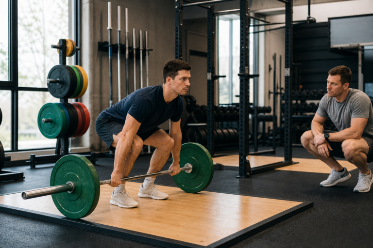 Strength-trained lifter setting up for a power clean on a gym platform with a coach observing