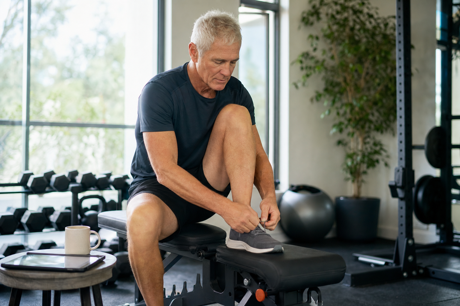 Older active adult preparing for strength training beside a coffee mug in a gym