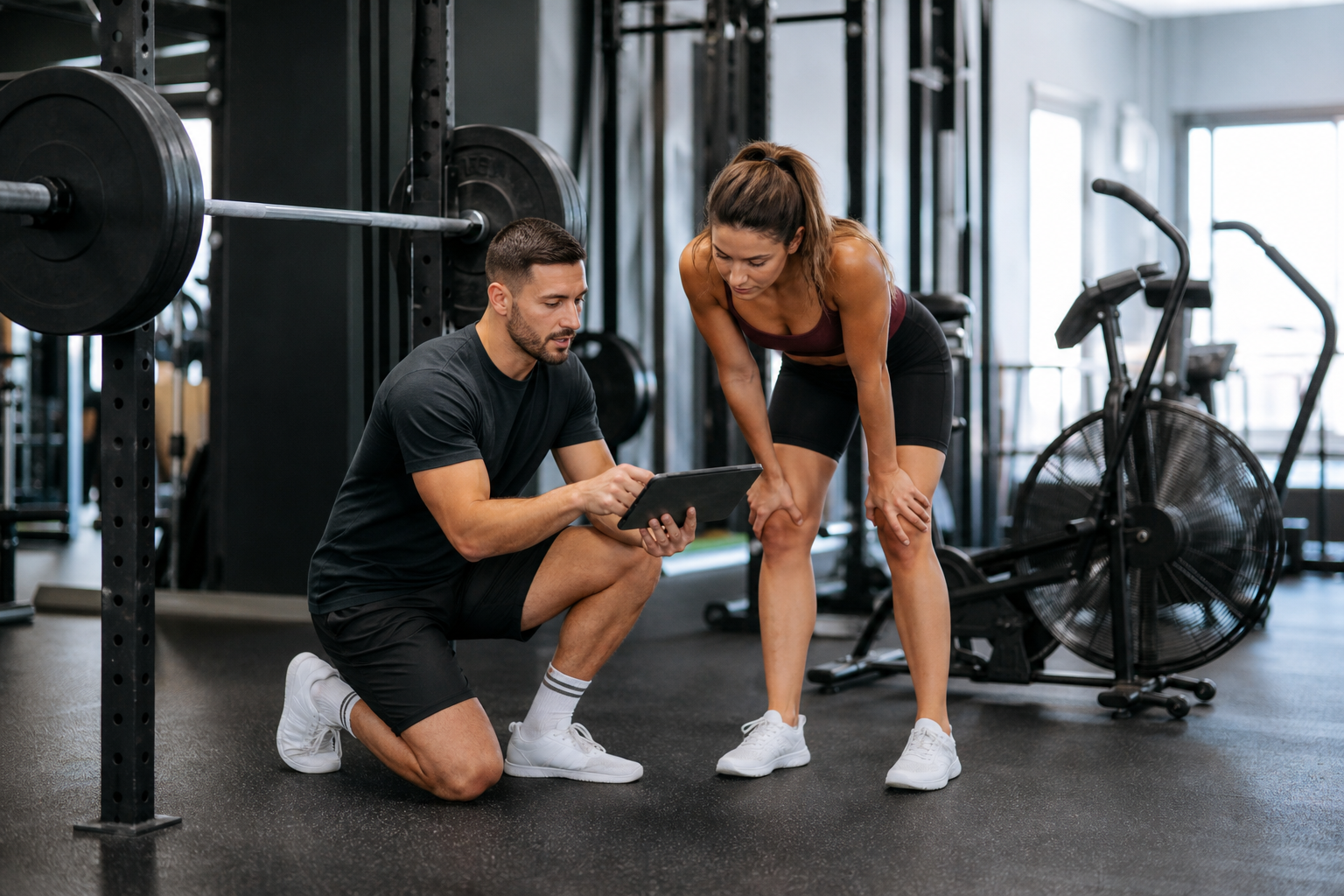 Coach and athlete reviewing training data beside a squat rack and air bike