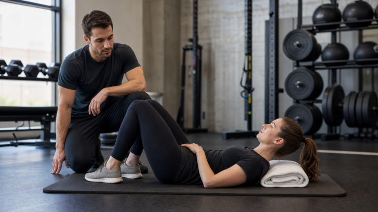 Adult lifter practicing deep neck flexor stabilization in a gym with a trainer nearby