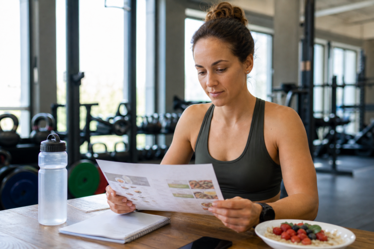 Editorial gym nutrition research scene with an athlete reviewing training and nutrition notes