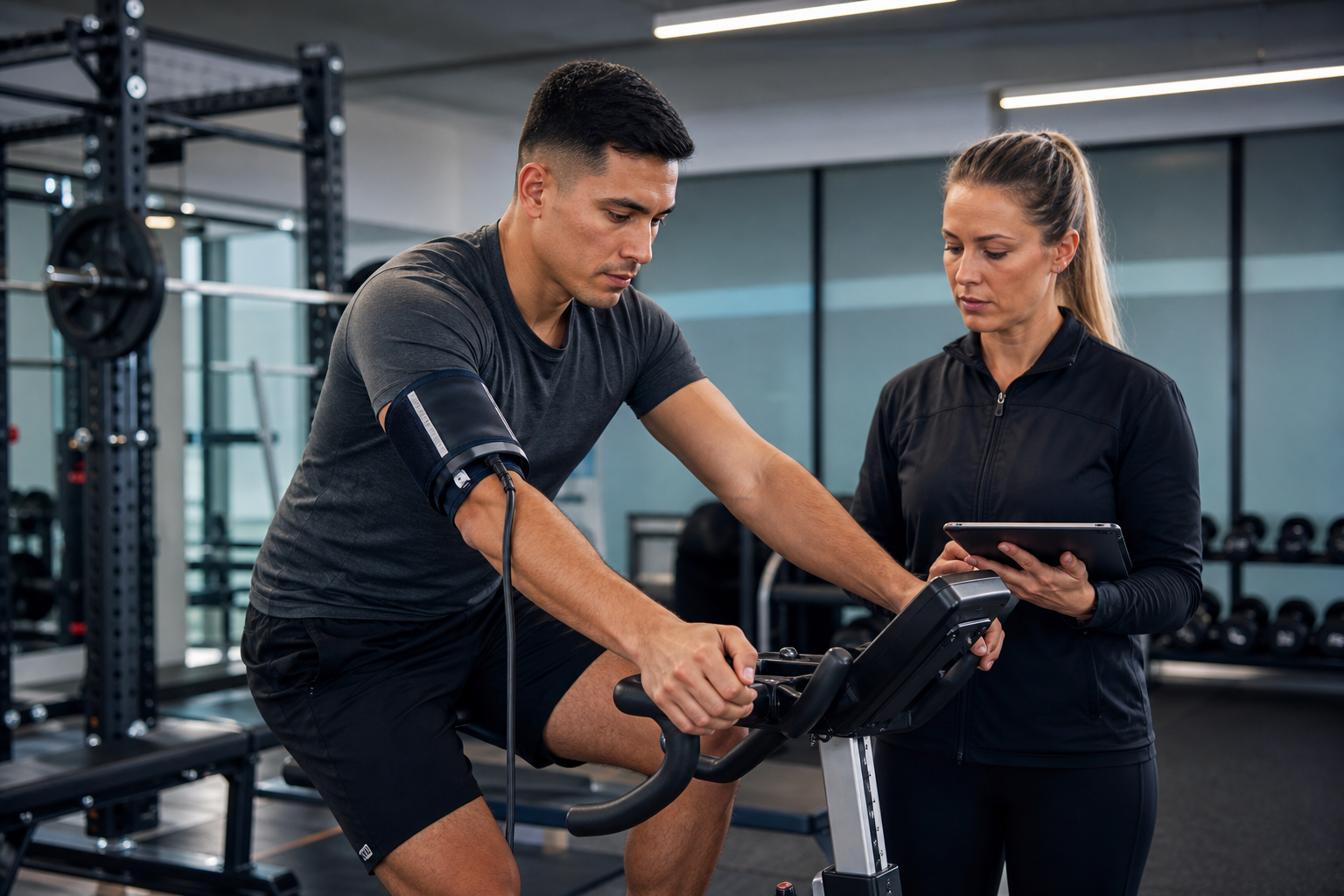 Athlete wearing a blood pressure cuff during monitored bike testing in a gym performance lab
