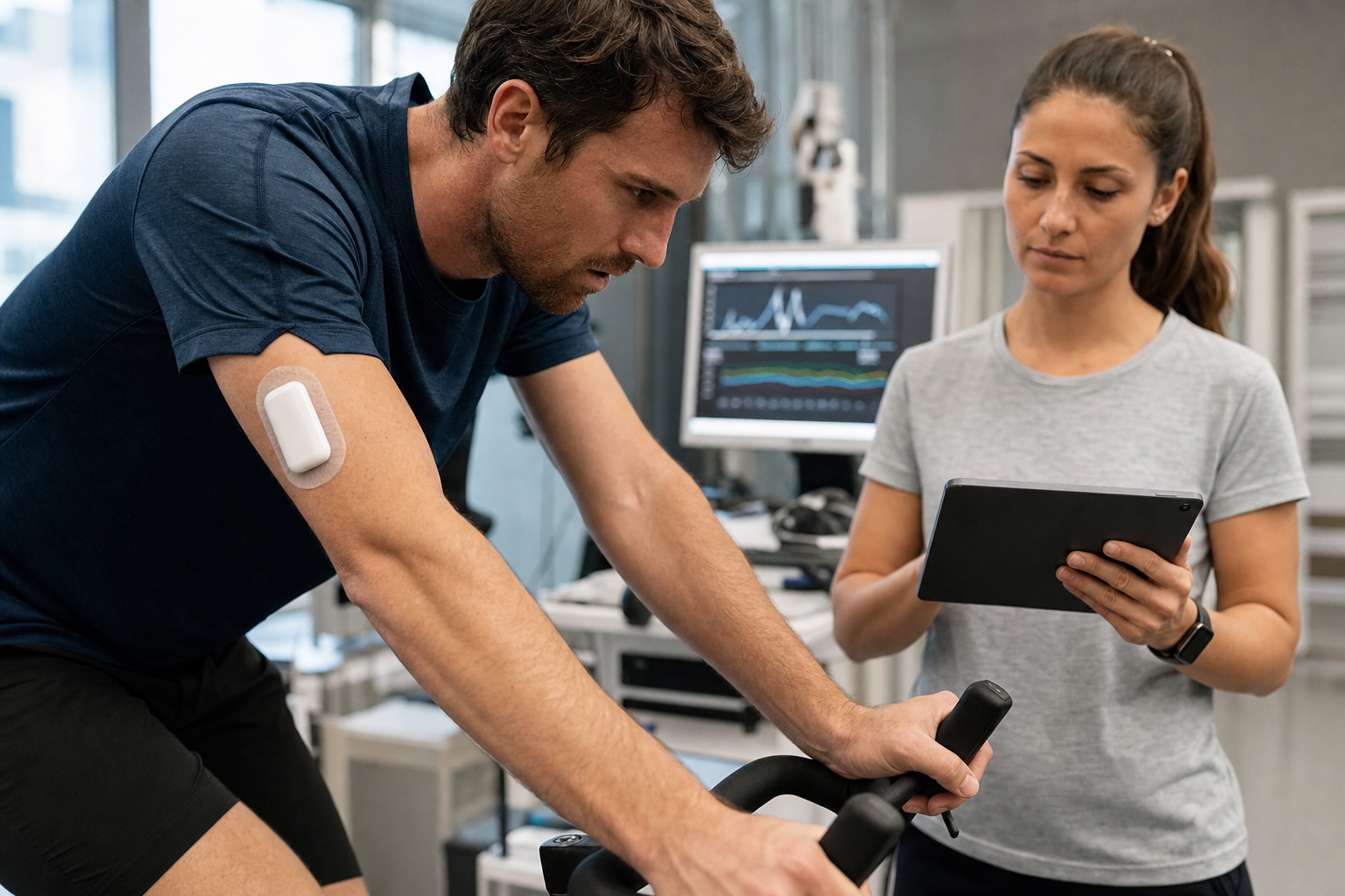 Athlete completing graded exercise testing in a gym lab while a coach reviews wearable sensor data