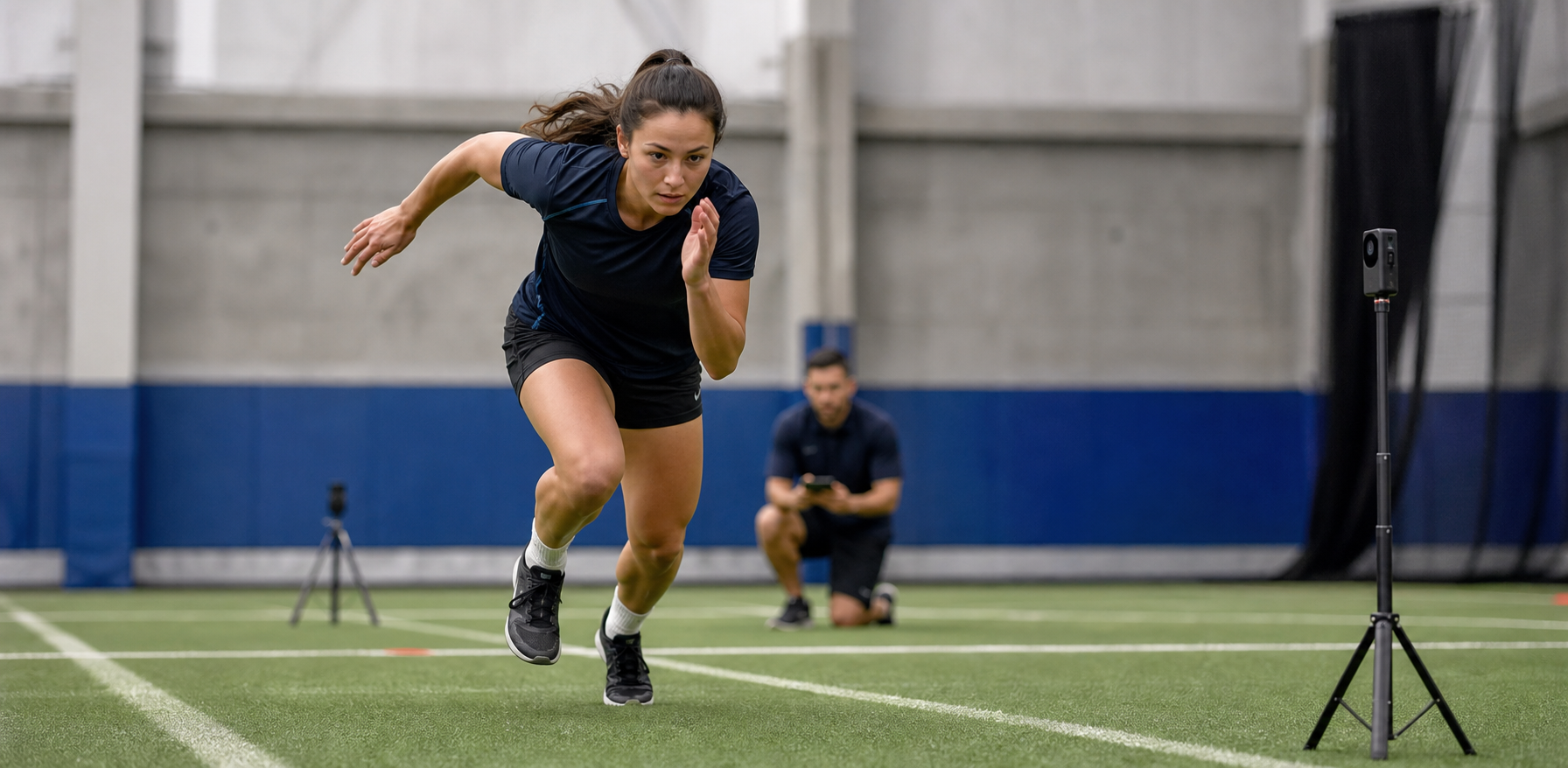 Female field-sport athlete accelerating during a sprint testing session