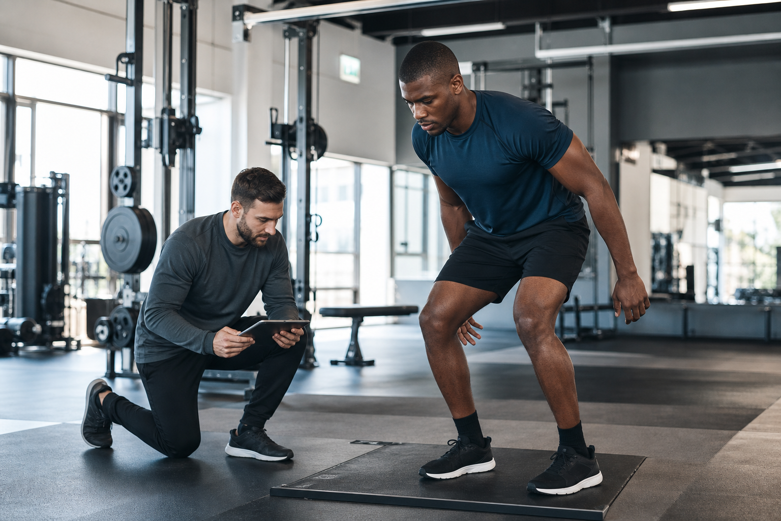 Athlete and coach reviewing strength testing in a performance gym