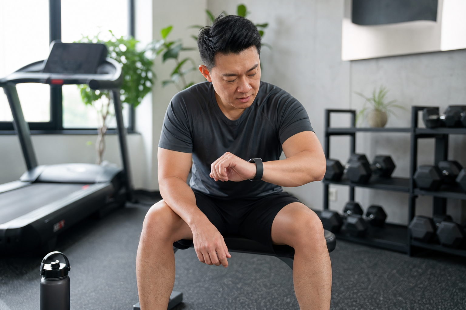 Editorial gym scene showing an exerciser checking a fitness tracker between sets