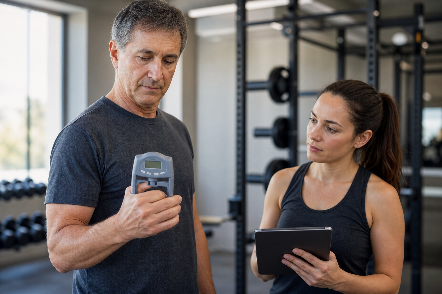 Coach records a grip-strength assessment in a gym setting for a health news story about handgrip strength and bone mass.