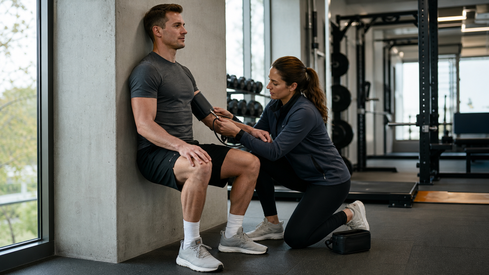 Athlete holding an isometric wall sit while a clinician checks blood pressure in a gym