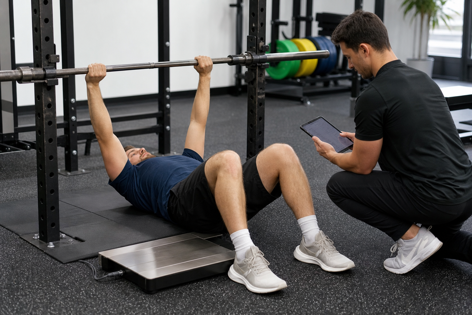 Lifter performing an isometric floor press strength test while a coach records data