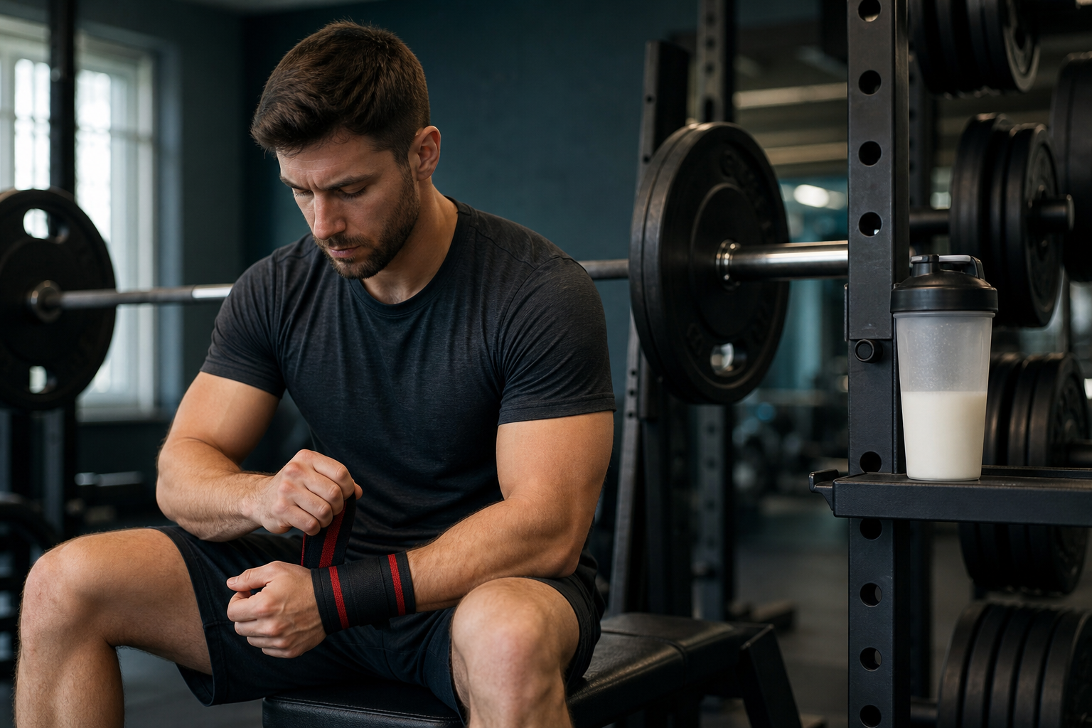 Editorial image: lifter preparing for a resistance-training session with an unbranded shaker in a gym