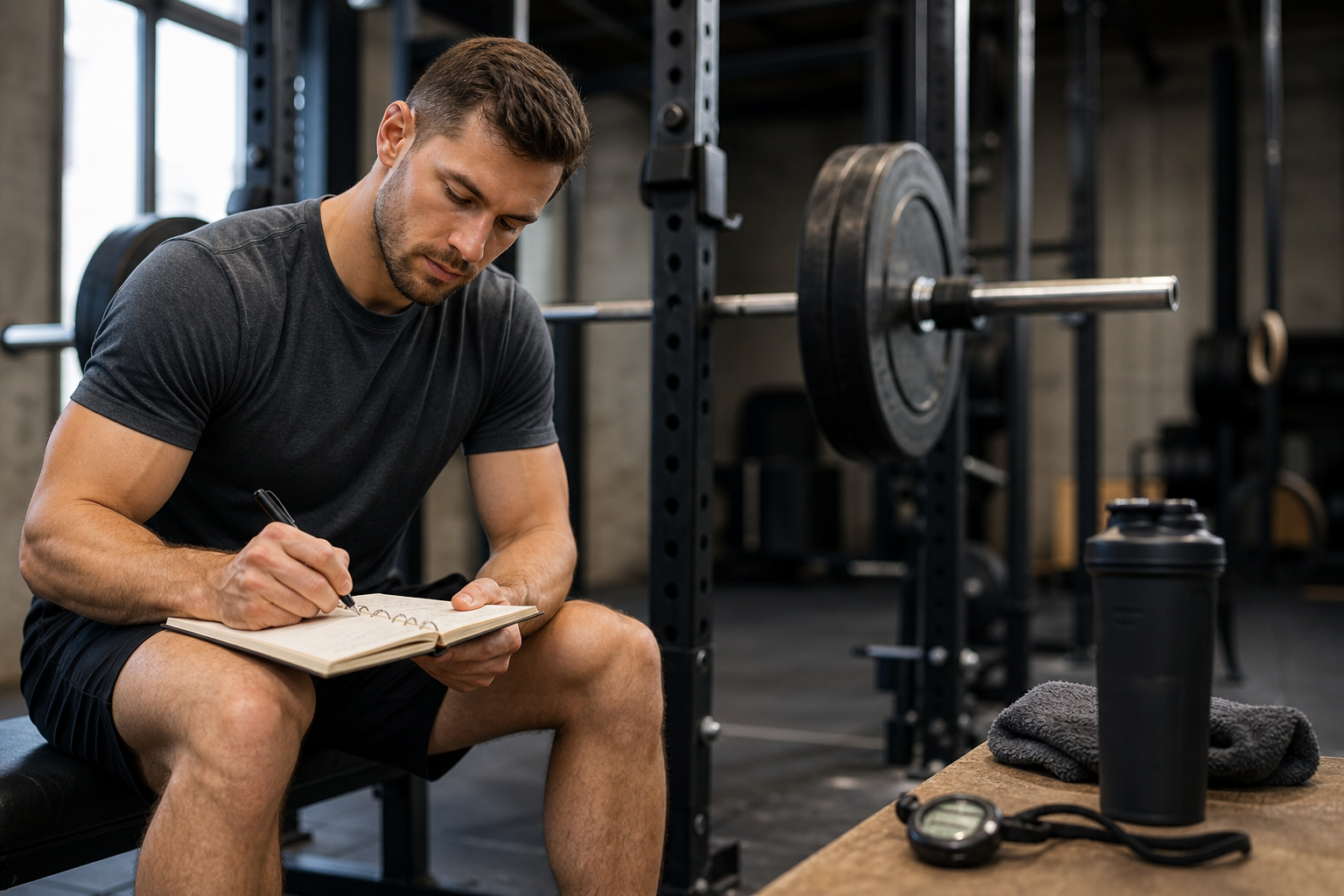 Editorial image: athlete reviewing a training log in a squat rack area