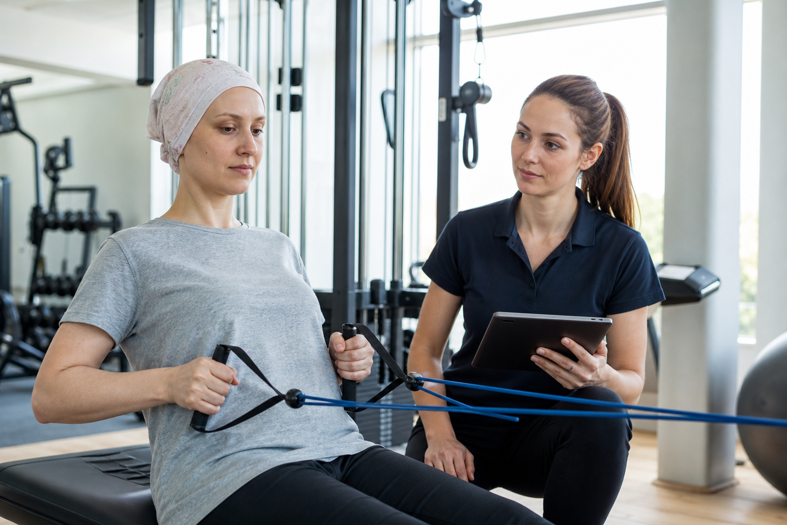 Supervised resistance-band training session in a bright gym setting