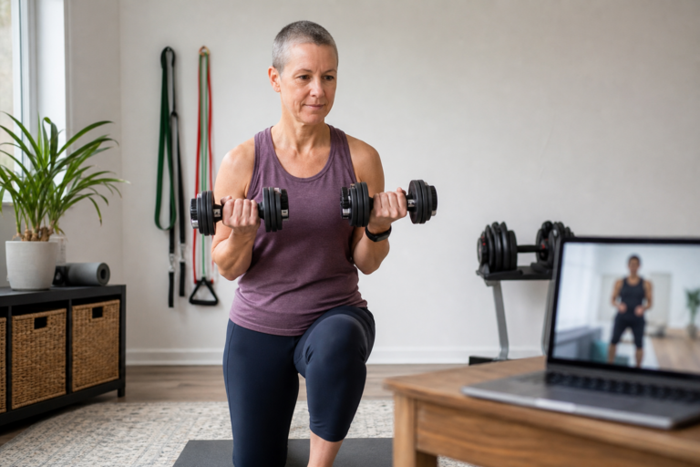 Adult trainee doing a dumbbell exercise during a remote resistance-training session at home