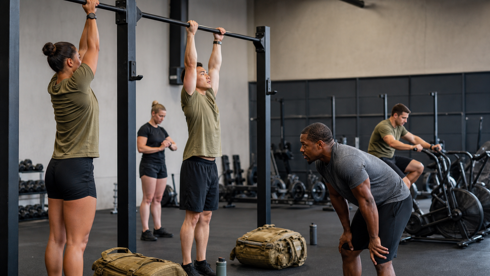 Athletes preparing for pull-up and endurance testing in an unbranded training facility
