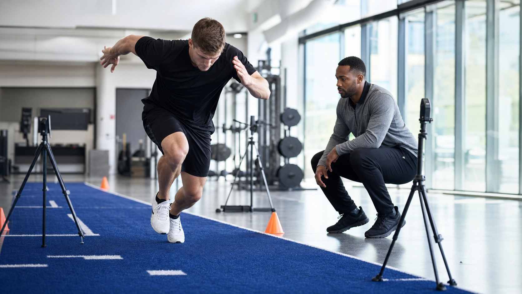 Athlete practicing sprint acceleration mechanics while a coach observes in a performance gym