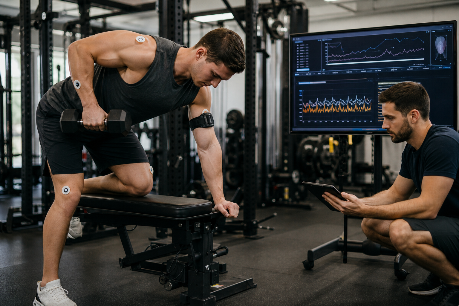 Athlete performing monitored resistance training in a sports science gym lab