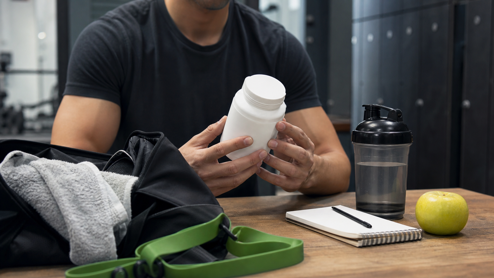 Editorial image: lifter reviewing an unlabeled supplement bottle in a gym setting for supplement safety coverage
