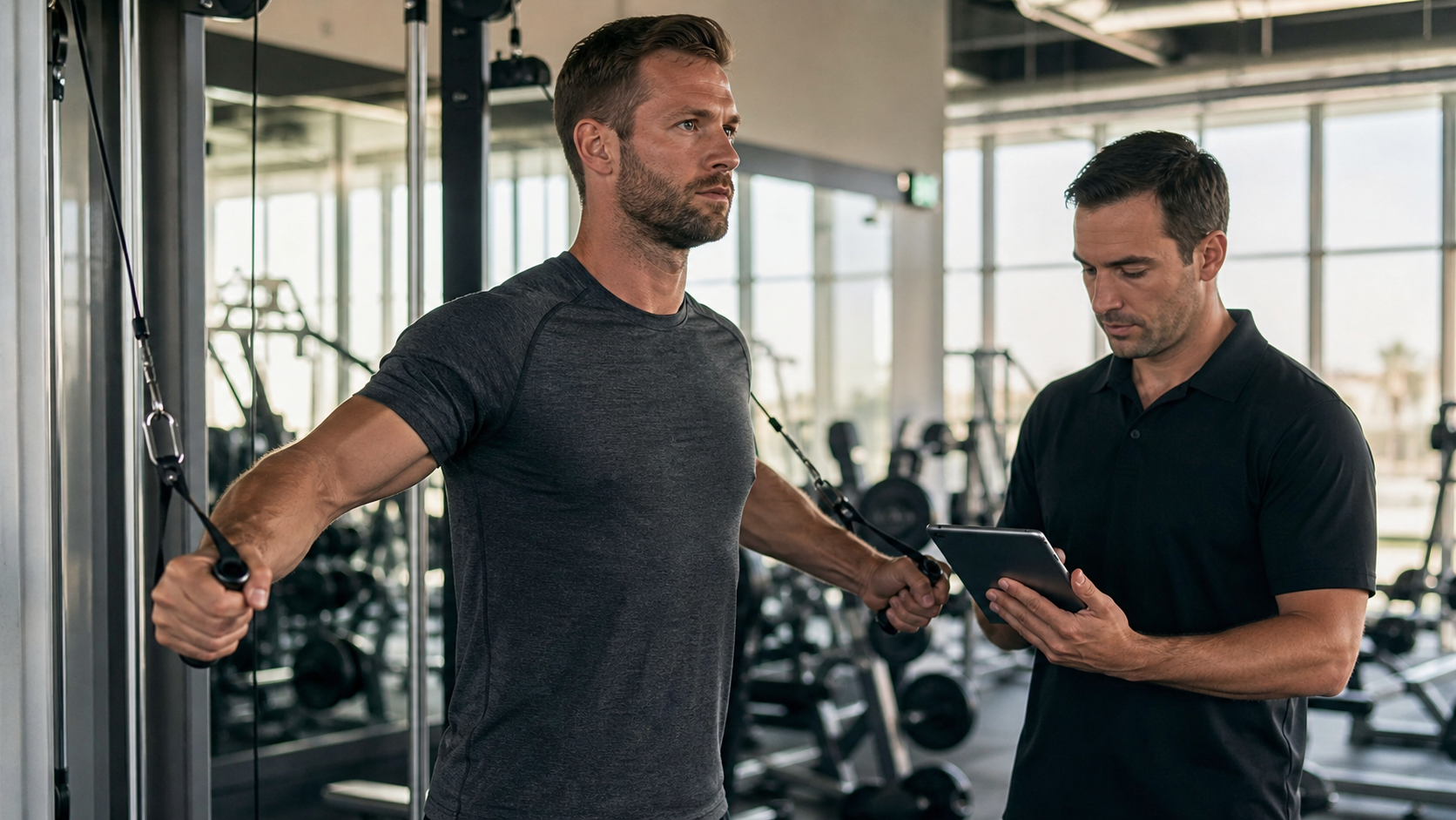 Lifter performing cable resistance training while a coach reviews workout data in a gym