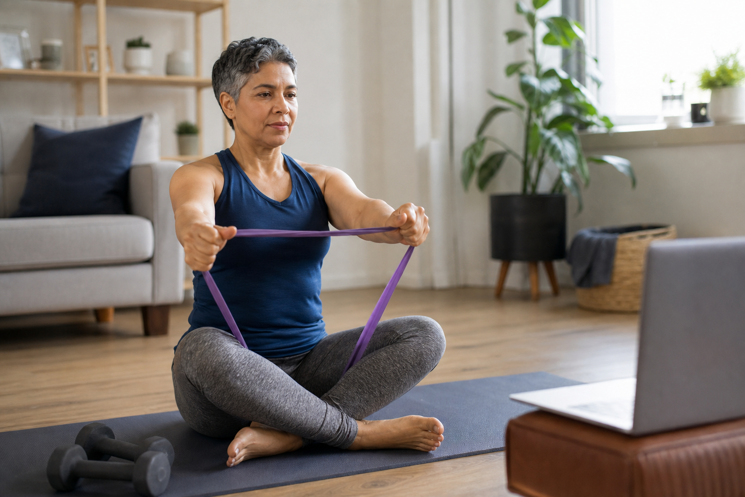 Adult doing guided resistance-band exercise at home