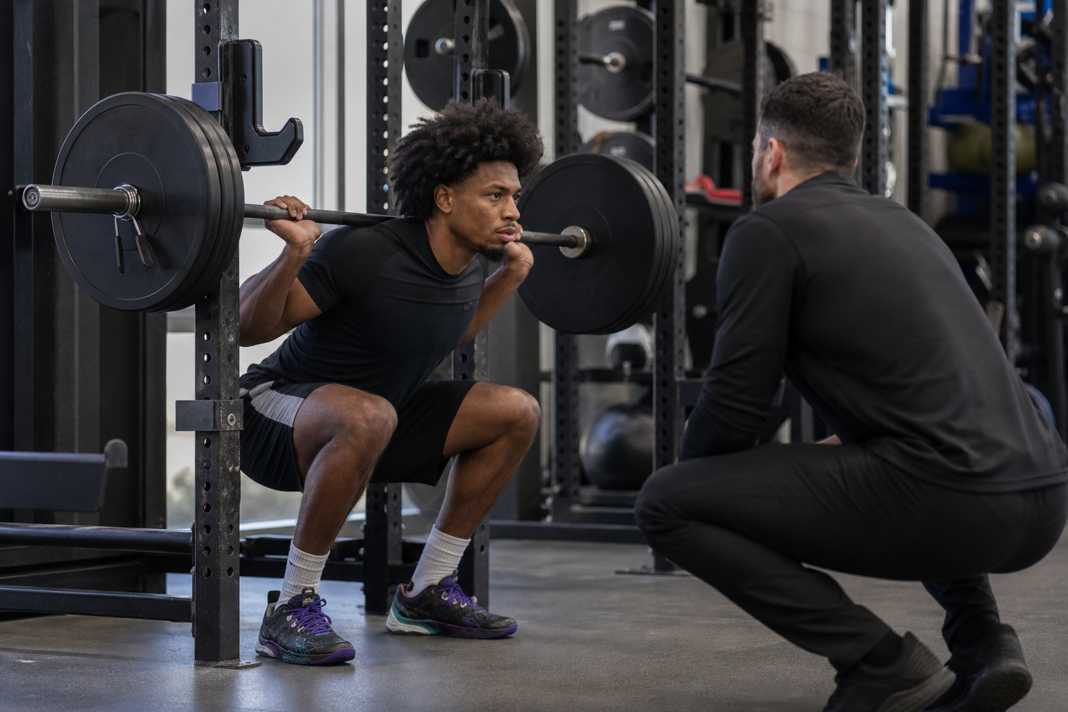 Basketball athlete squatting in a gym while a coach observes