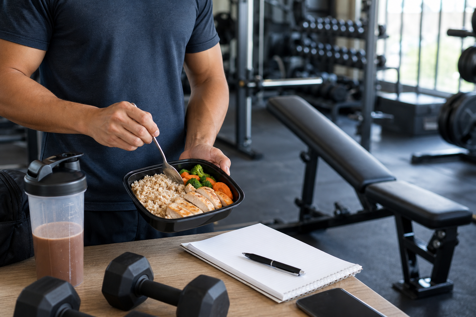 A lifter eating a balanced post-workout meal in a gym setting