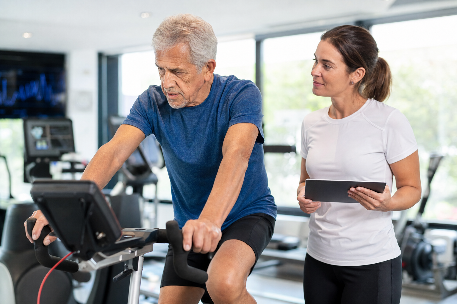 Older adult training on a stationary bike while a fitness professional observes in a bright gym setting