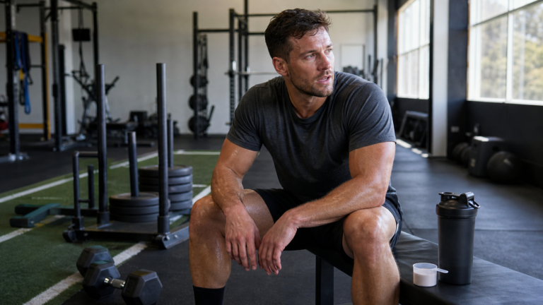 Athlete resting in a gym beside a shaker bottle and training equipment for a supplement performance review