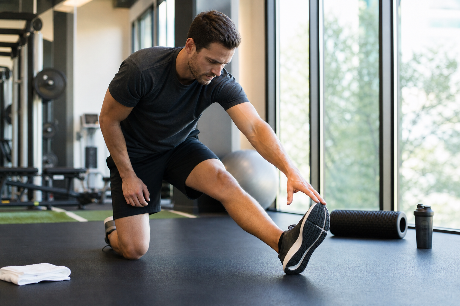 Athlete stretching in a gym recovery area after training