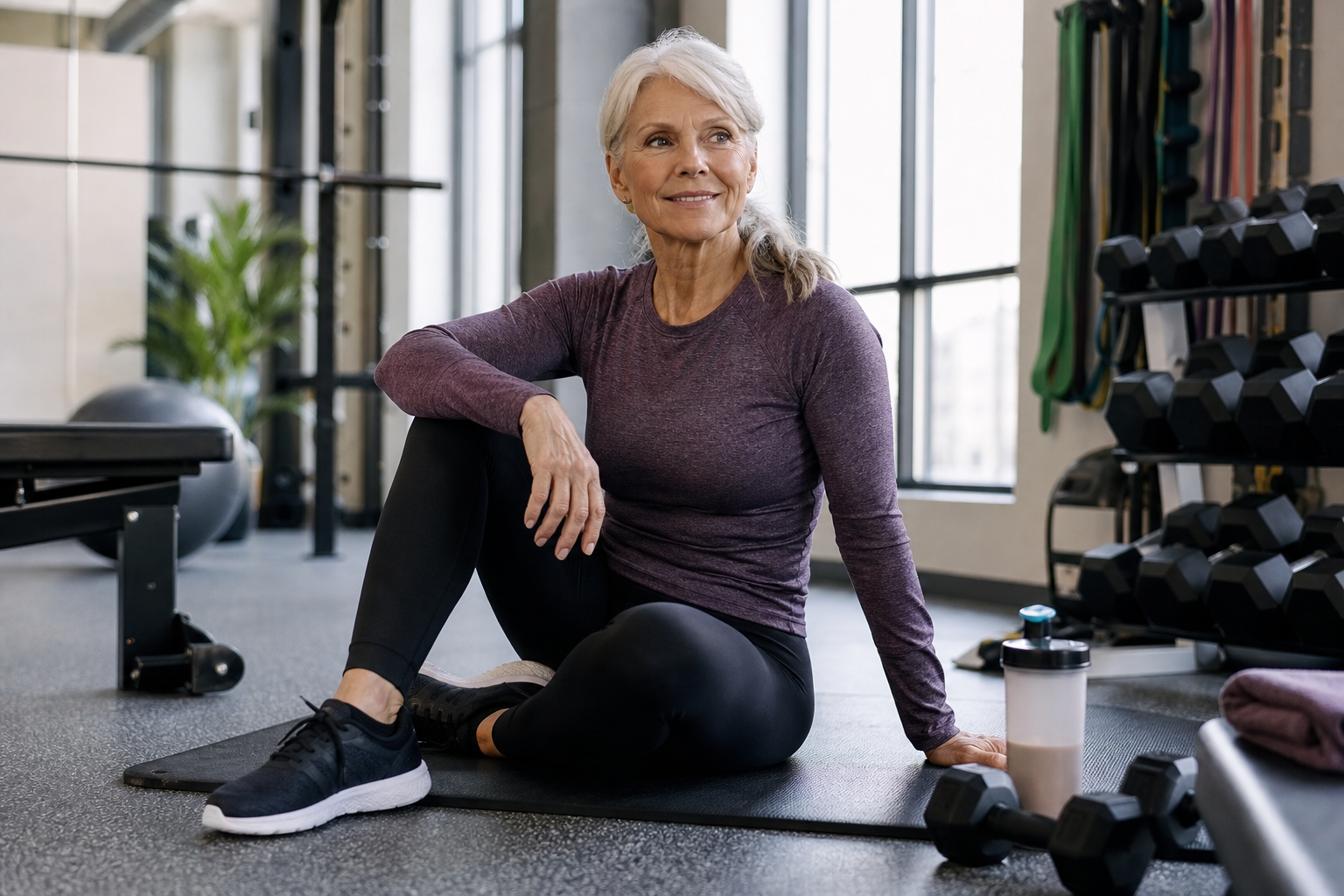 Older woman resting in a gym after resistance training with dumbbells and a shaker bottle nearby.