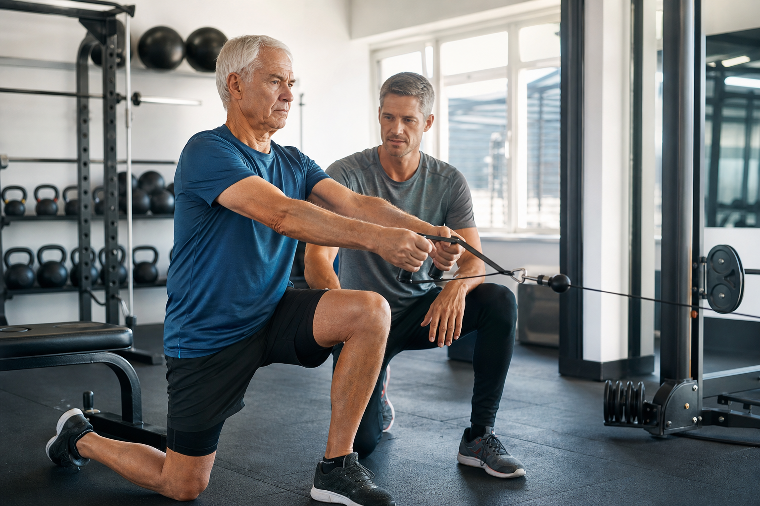 Older adult athlete performing controlled resistance training in a bright gym