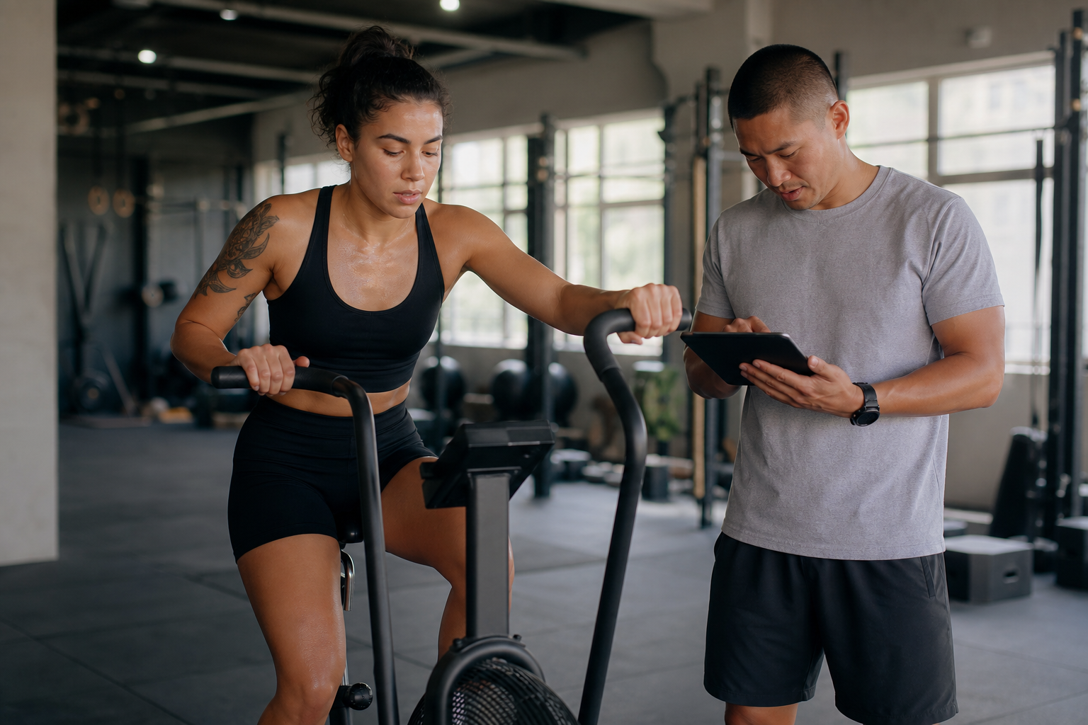 Athlete training on an air bike while a coach reviews workout data in a gym