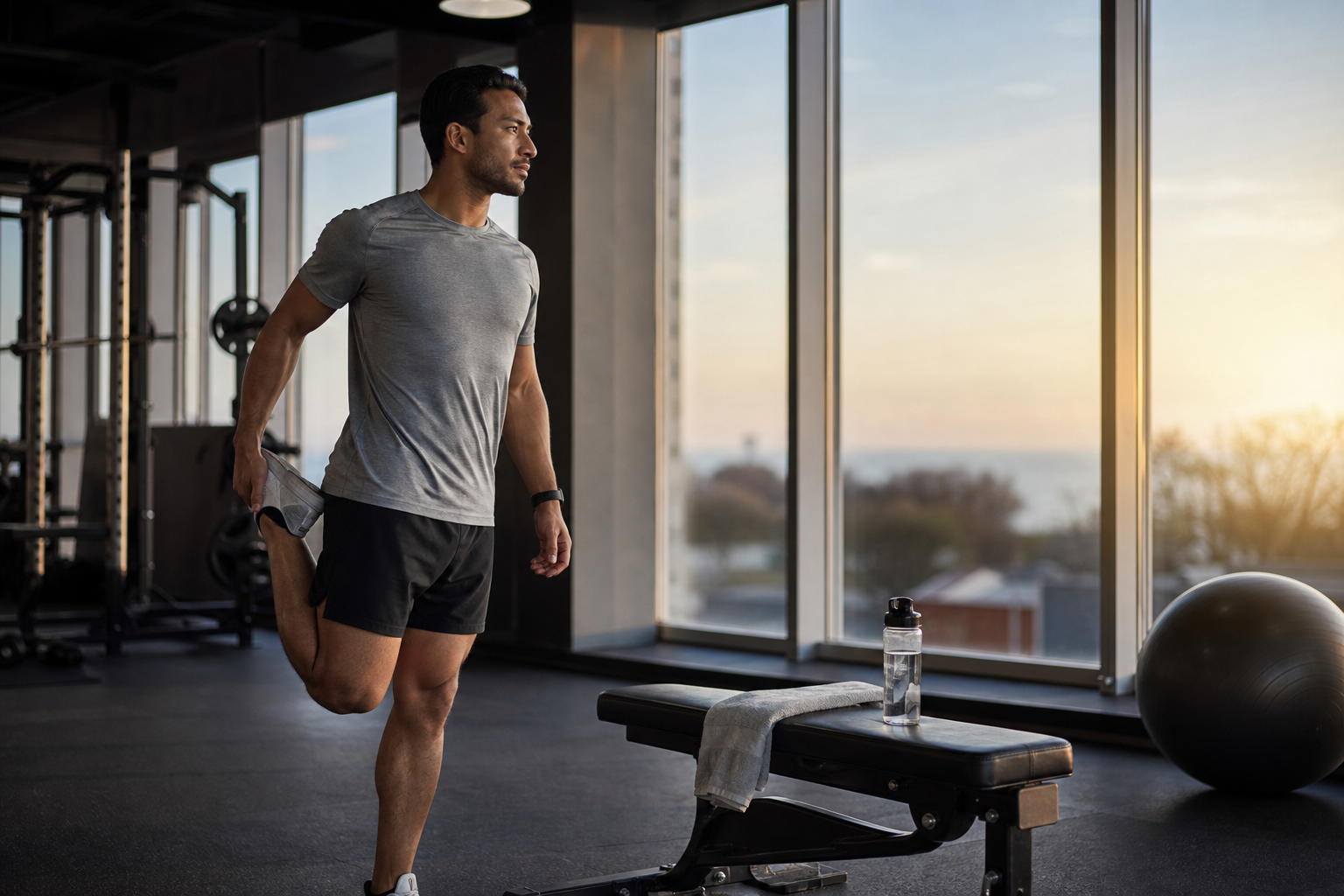 Athlete stretching in a quiet gym recovery area