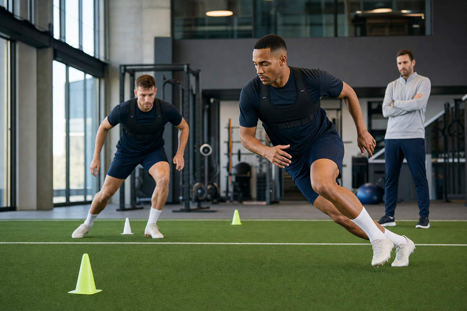 Football athletes performing change-of-direction training in an indoor performance facility