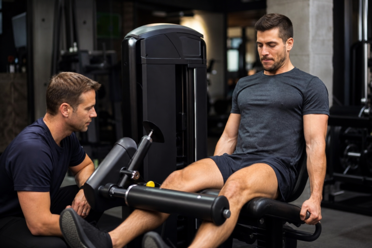 Athlete training quads on a leg-extension machine with coach supervision