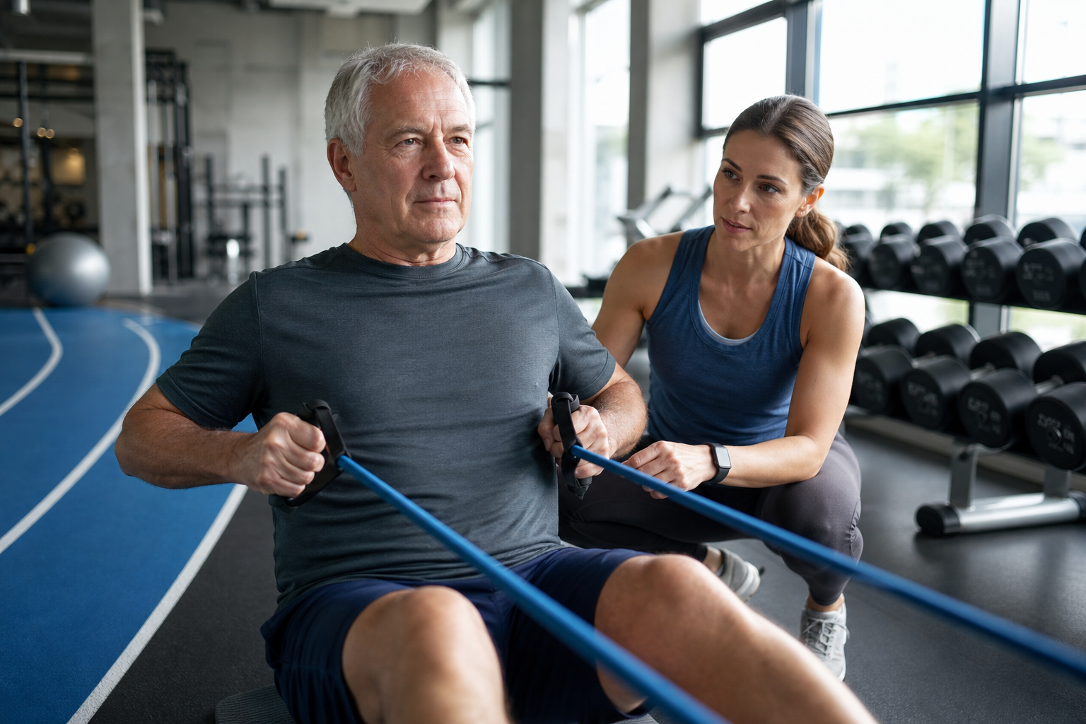 Older adult doing resistance-band training with a coach in a gym