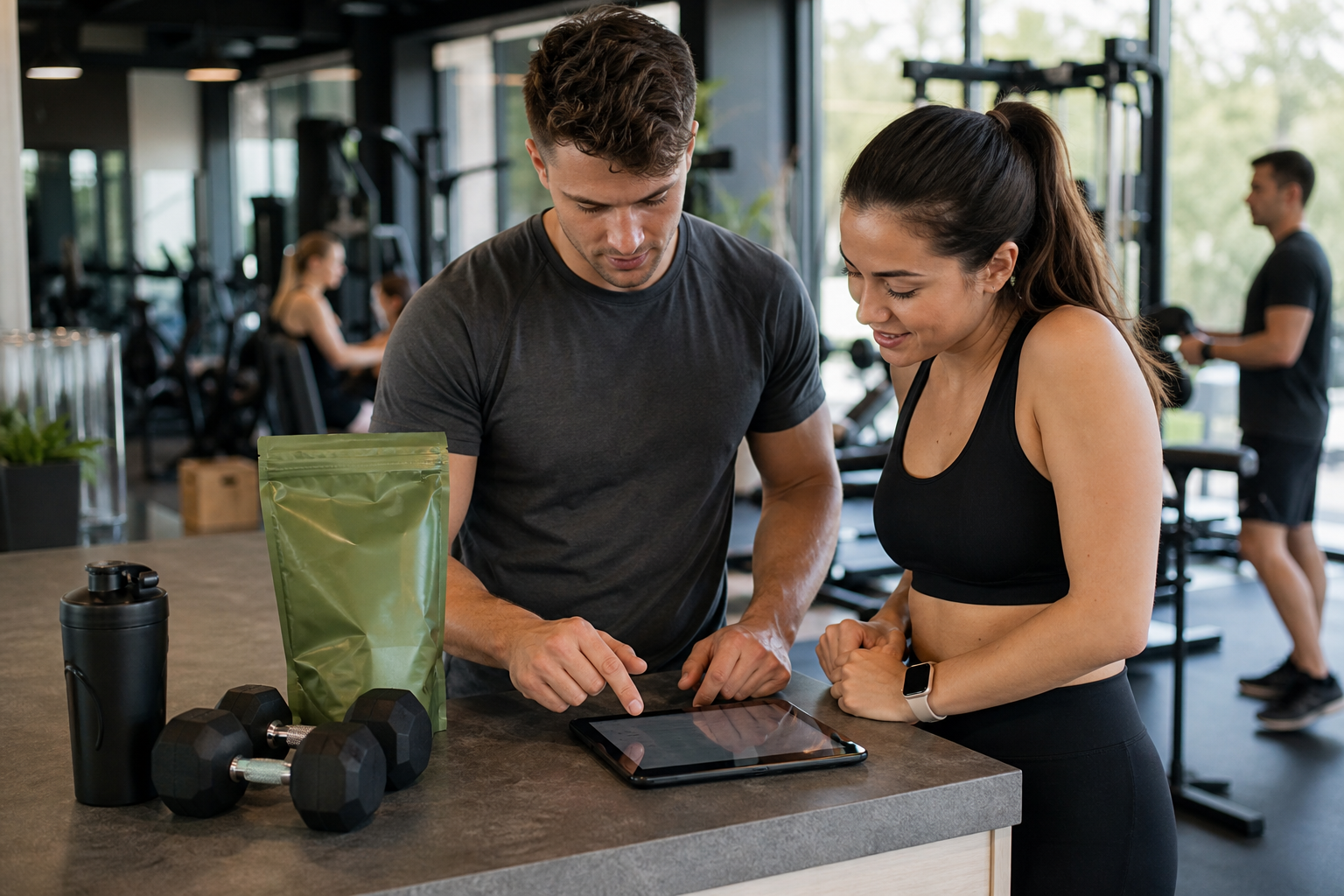 Unbranded green supplement pouch, shaker bottle, and dumbbells on a gym counter