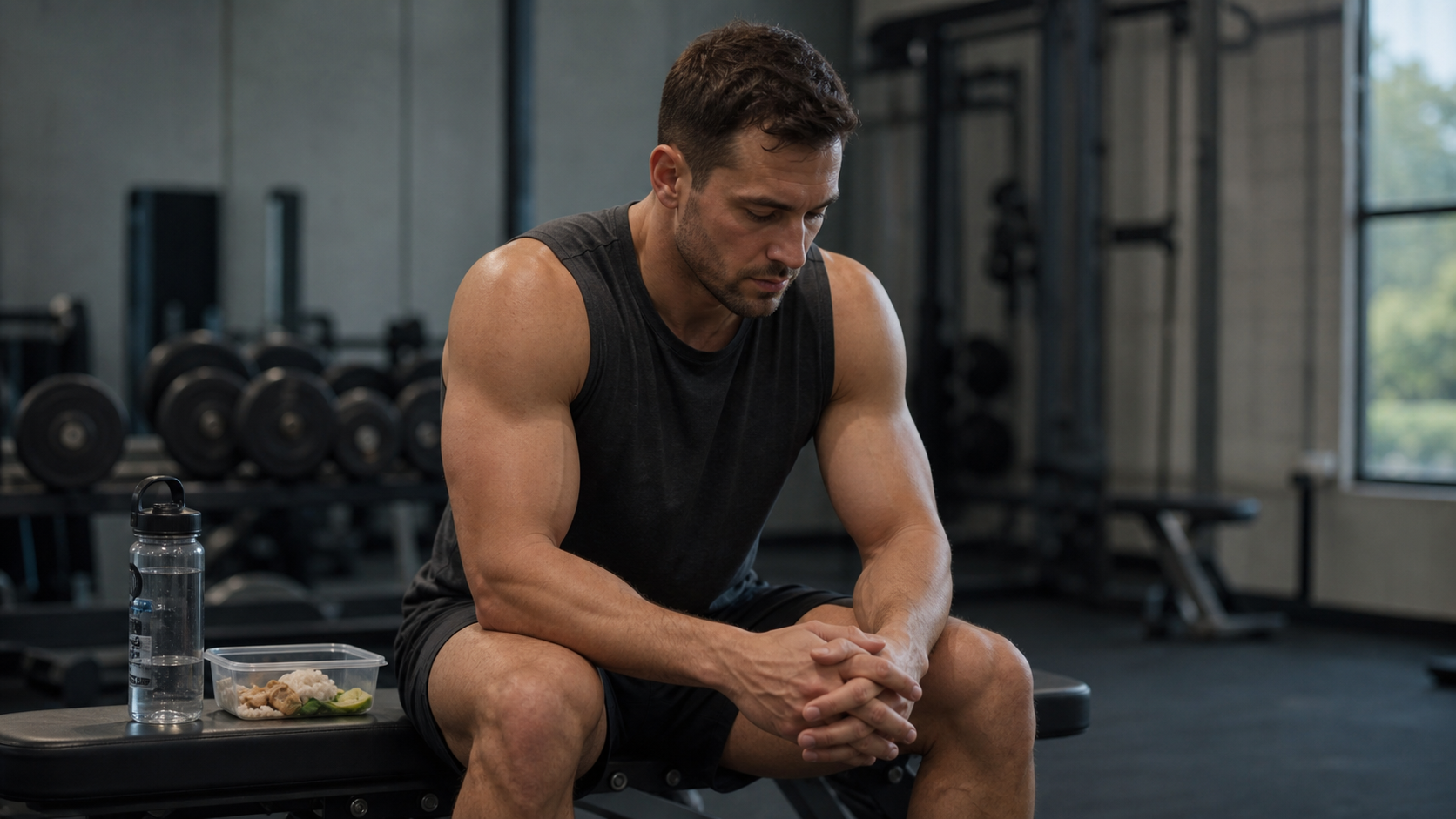 Natural physique athlete resting in a gym during a structured post-competition recovery phase.