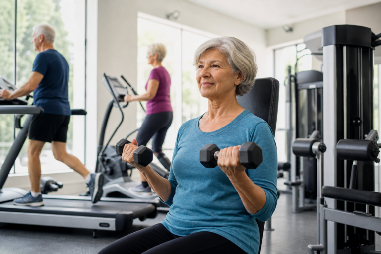 Older adult strength training in a bright gym for a health news story about cardiorespiratory fitness