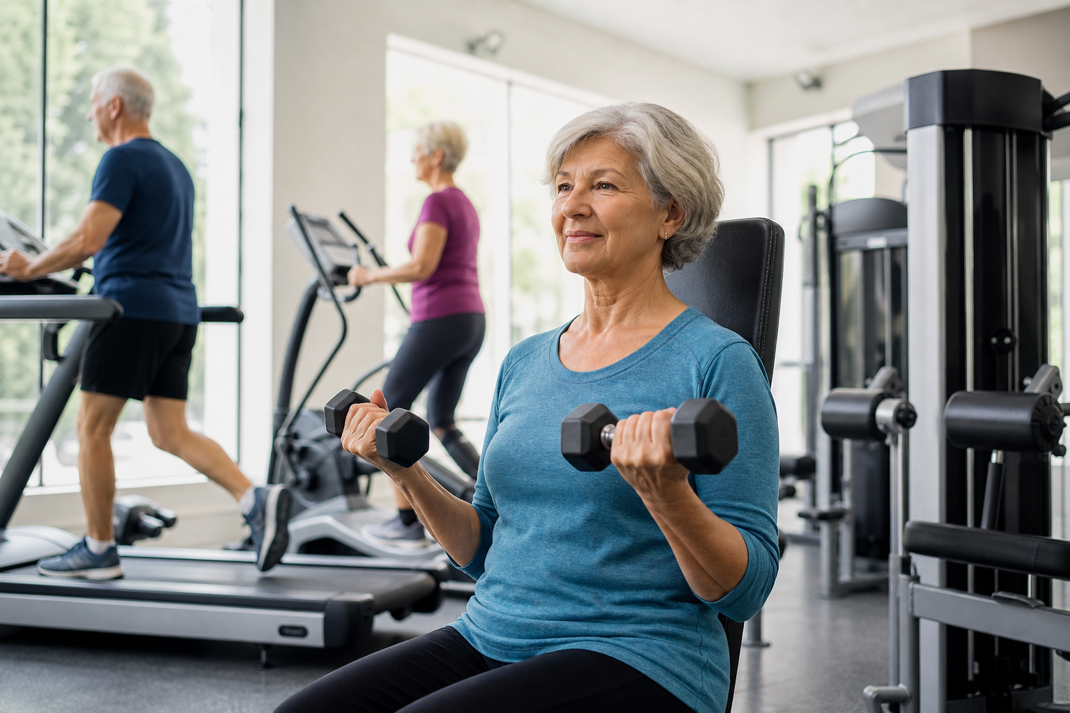 Older adult strength training in a bright gym for a health news story about cardiorespiratory fitness