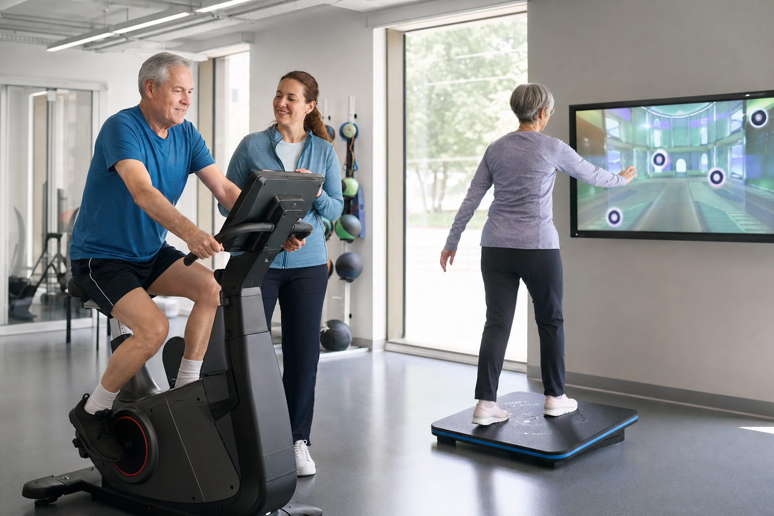 Older adults completing supervised aerobic and interactive fitness training in a modern gym setting