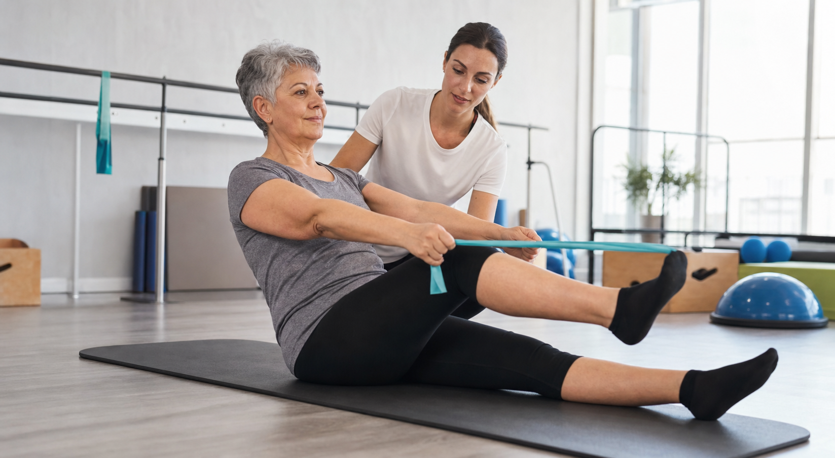 Pilates-style rehabilitation training in a bright fitness studio