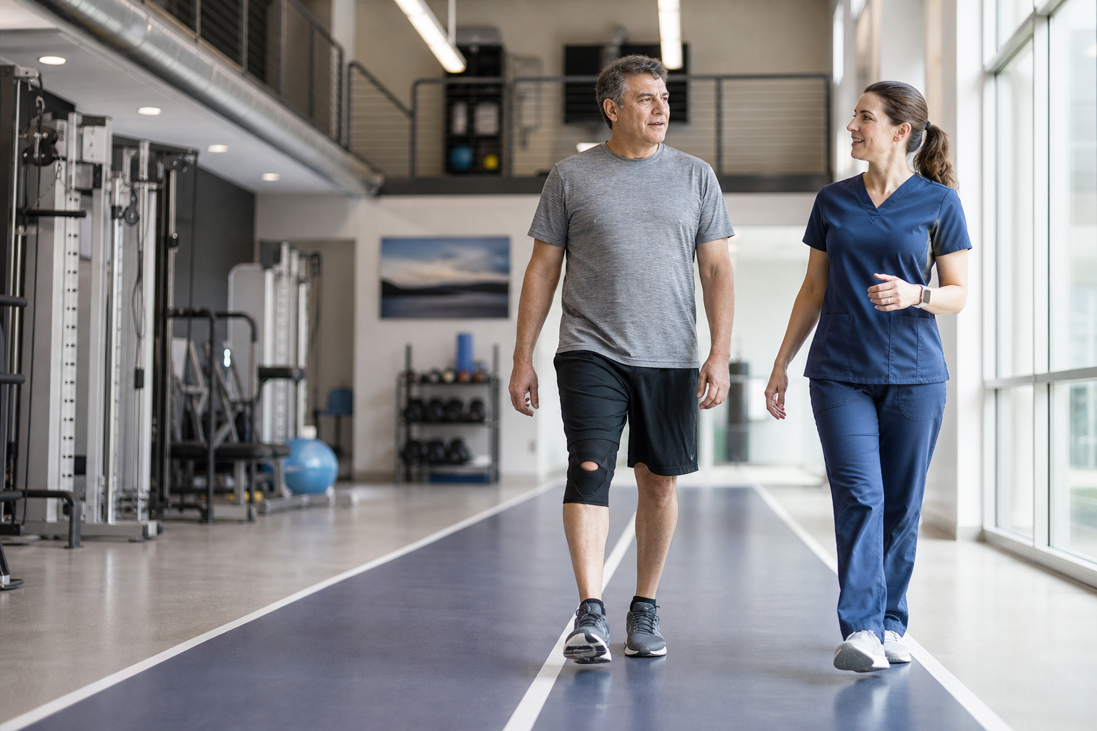 Patient walking in a rehabilitation gym with a physical therapist nearby