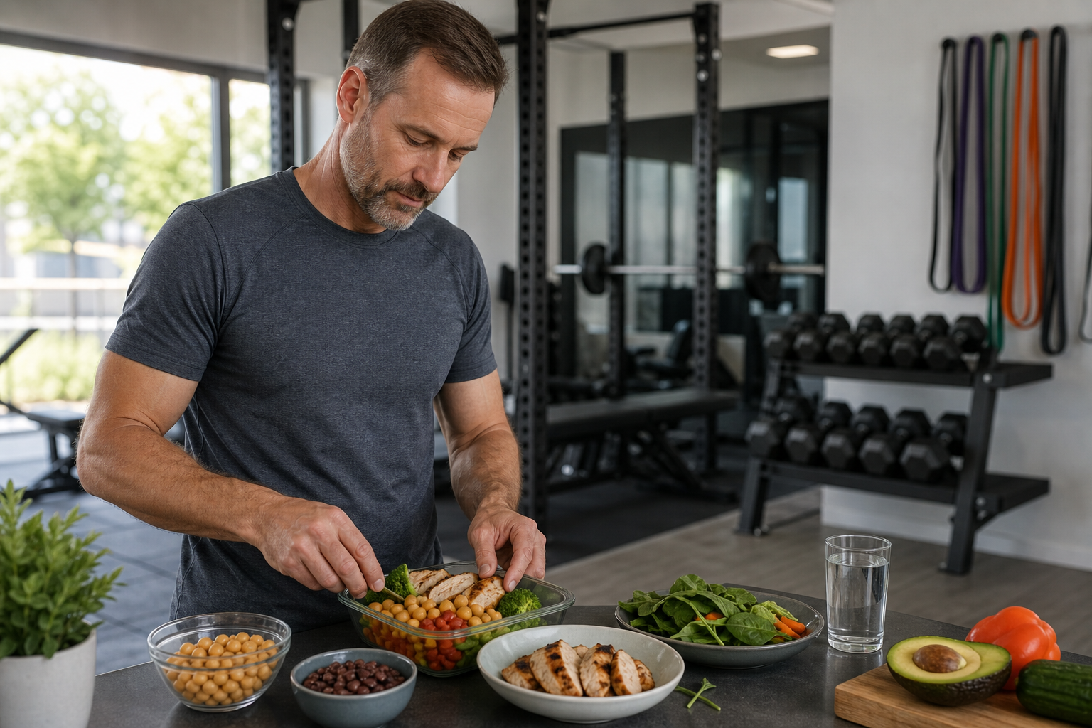 Middle-aged lifter preparing a balanced protein meal in a gym setting