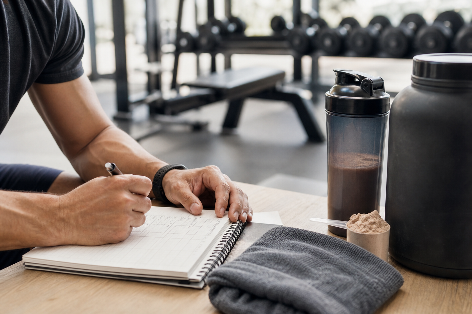 Unbranded gym recovery scene with workout log and protein nutrition items