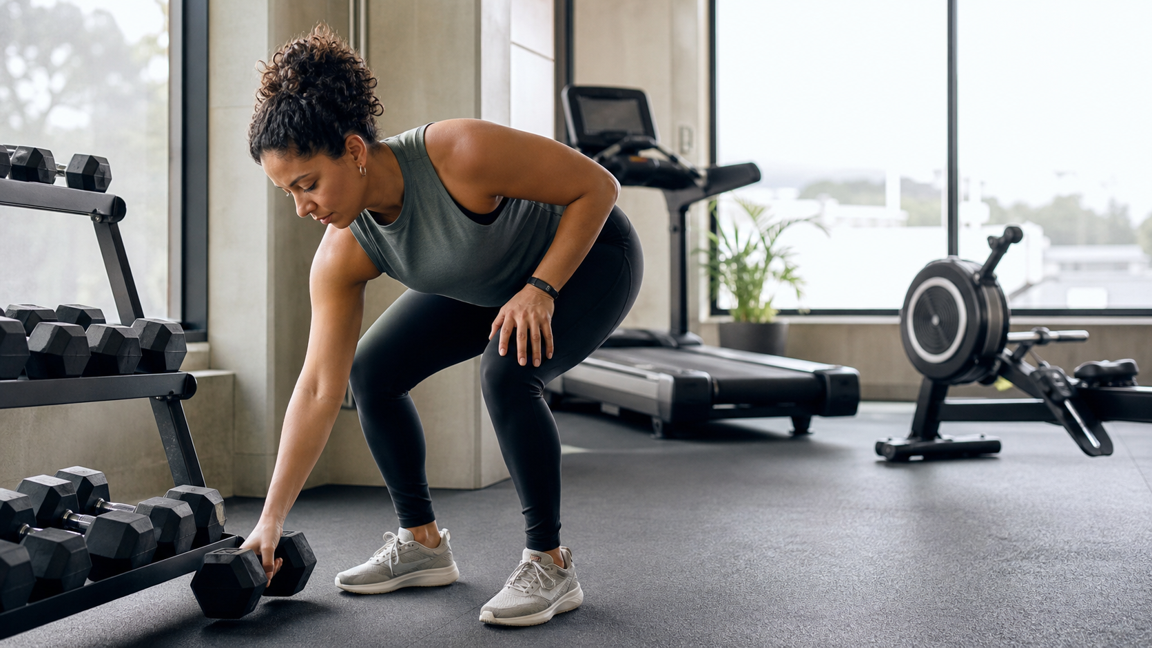 Lifter choosing dumbbells in a bright gym for a health news story about resistance training and longevity