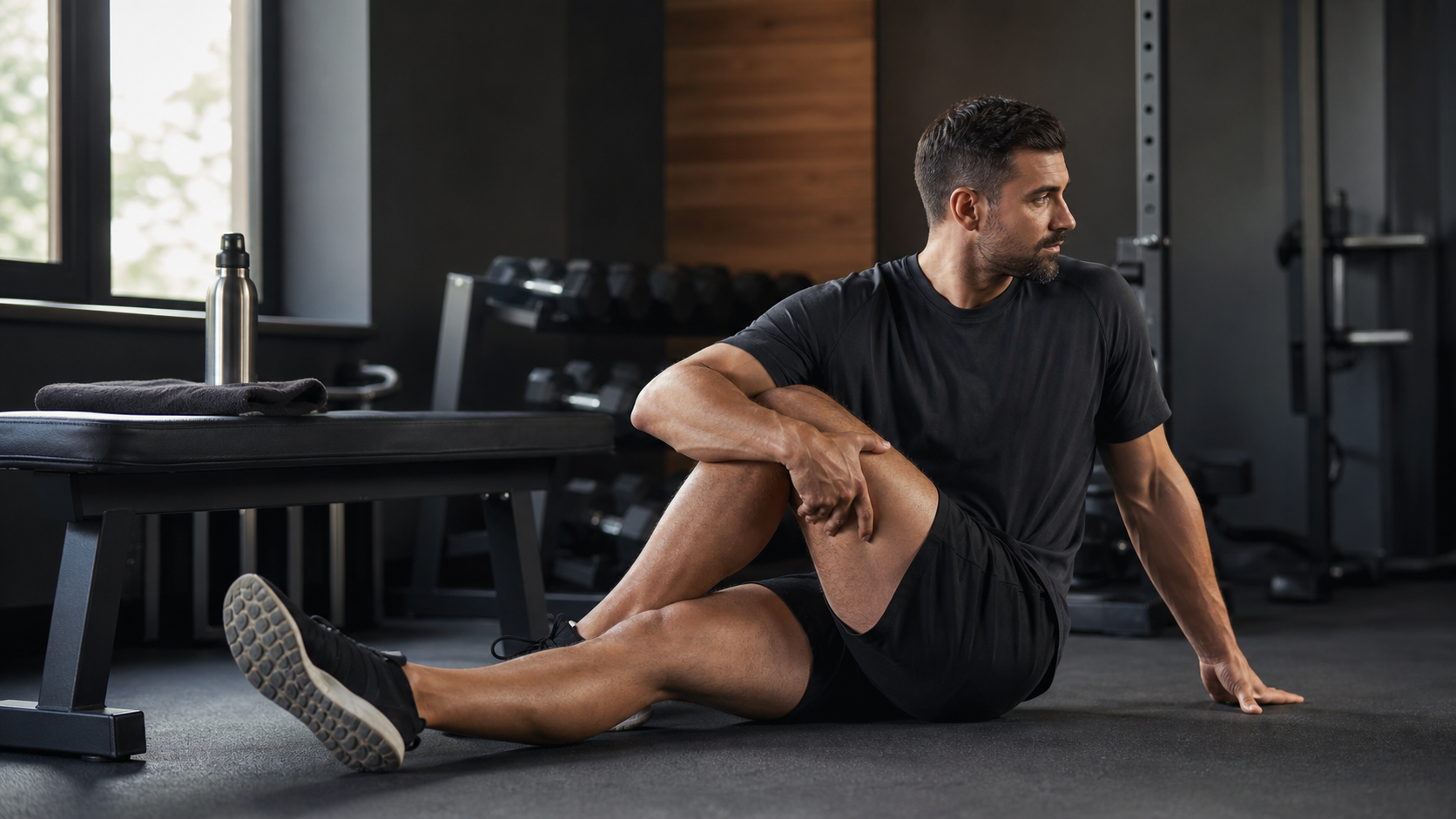 Athlete stretching in a gym recovery area after training