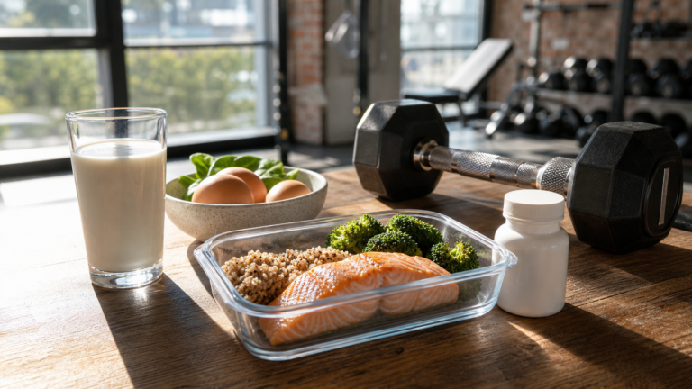 Editorial fitness nutrition scene with vitamin D foods and strength-training equipment